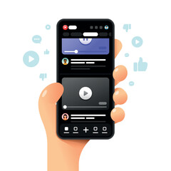 Wall Mural - Youtube application on the smartphone screen. Sharing, likes and dislikes. Blogging. Vector colorful phone mockup illustration
