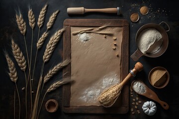 Canvas Print - Baking lesson or recipe concept with free writing space on a dark background and wheat grain, flour, and ears strewn throughout. top view of a table or wooden board. preparing pastry or dough