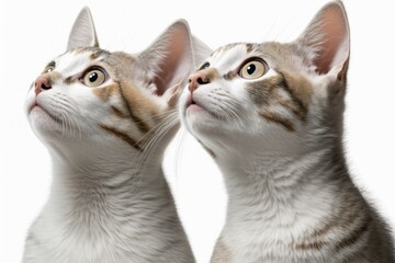 Poster - Two cats are gazing upward in an isolated white background. Generative AI