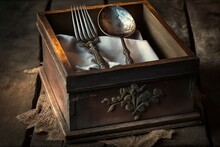 As A Remnant Of A Restaurant's Table Setting, An Antique Fork Rests On A Cotton Napkin Within A Wooden Box. Generative AI