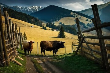 Wall Mural - The cows near the fence, Carpathian mountains, AI generated