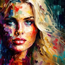 Beautiful Blond Woman Colorful Portrait In Vivid Impressionist Style Generative AI