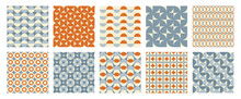 Trendy Retro Set Geometric Seamless Patterns With Colorful Semicircles And Circles. Modern Abstract Background. Orange, Beige And Blue Colors. Vector Illustration
