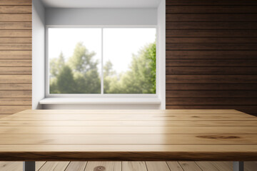 Wall Mural - Empty wood table top with blur room interior with window background. Created with Generative AI Technology