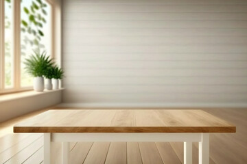 Wall Mural - Empty wood table top with blur room interior background. Created with Generative AI Technology