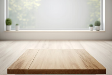 Wall Mural - Empty wood table top with blur room interior with window background. Created with Generative AI Technology