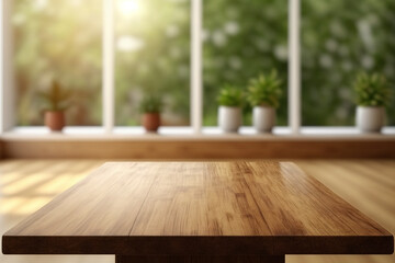 Wall Mural - Empty wood table top with blur room interior with window background. Created with Generative AI Technology