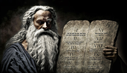 Moses holds stone tablets with the Ten Commandments. Ai generated illustration.