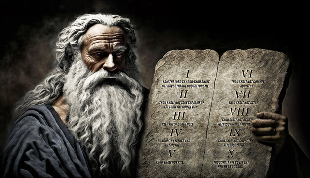 moses holds stone tablets with the ten commandments. ai generated illustration.