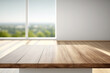 © dewaai - Empty wood table top with blur room interior with window background. Created with Generative AI Technology