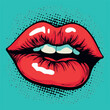 Lips pop art. Sensual mouth fashion poster. Modern vector art design of beautiful woman lips. Retro comic and cartoon style of painting. Splashes of grunge graffiti paint. Young creative art. Pop art.