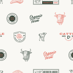 Wall Mural - Hand Drawn Cows Illustrations and Typography Lettering Vector Seamless Background Pattern Beef Meat Steaks and Cattle Farm Products Sketches Card, Wrapping or Cover Template