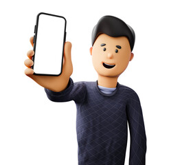 Wall Mural - a cartoon man holds and shows a smartphone with a blank screen. a template for your application or o
