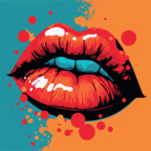 Lips Pop Art. Sensual Mouth Fashion Poster. Modern Vector Art Design Of Beautiful Woman Lips. Retro Comic And Cartoon Style Of Painting. Splashes Of Grunge Graffiti Paint. Young Creative Art. Pop Art.