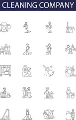 Cleaning company line vector icons and signs. Company, Services, Janitorial, Housekeeping, Commercial, Domestic, Hygiene, Facility outline vector illustration set