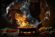 © AkuAku - Chef prepares vegetable food in a frying pan with a flame of fire. The concept of restaurant and hotel service. Flamber or cooking over natural fire. Grande cuisine. Generative AI
