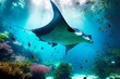 paradise island big manta ray under water, created with generative ai
