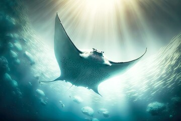 Wall Mural - wild soaring manta ray in sea water, created with generative ai