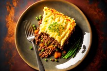 Piece Of Homemade Shepherds Pie On Plate Serving For Dinner, Created With Generative Ai