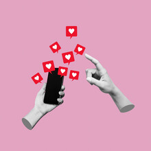 Female Hand Pointing To Like Symbols Of Social Networks From Mobile Phone With Black Blank Screen On Pink Color Background. 3d Trendy Collage In Magazine Urban Style. Contemporary Art. Modern Design