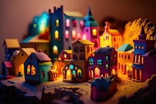 Towering Miniature Village Colorful Clay Model On A Table Room Background Vivid Ultra Details Colorful Lighting