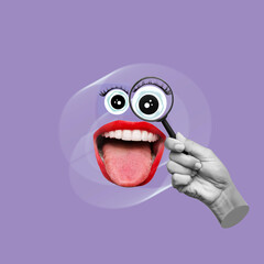 Happy cartoon face with woman mouth red lips with eye enlarged with magnifying glass showing tongue on purple color background. 3d trendy collage in magazine style. 3d contemporary art. Modern design