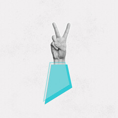 Wall Mural - Female hand in a blue sleeve showing a peace gesture isolated on white texture background. 3d trendy collage in magazine style. Contemporary art. Modern design. Victory hand sign