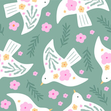 Spring Seamless Pattern With Bird, Flowers, Leaves. Abstract Vwctor Print