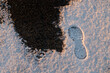 Footprints in the snow on a dirt road