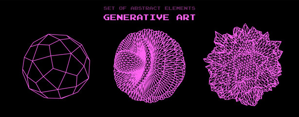 Aufkleber - Set of abstract vector spheres and blobs made of mesh. Parametric design and generative art elements.