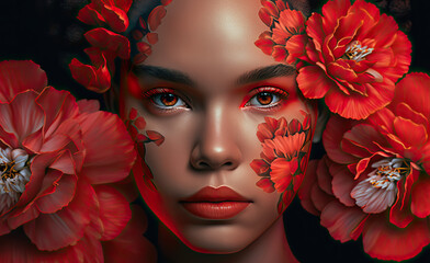 Artistic beauty portrait of a woman made up with red flowers - AI Generated