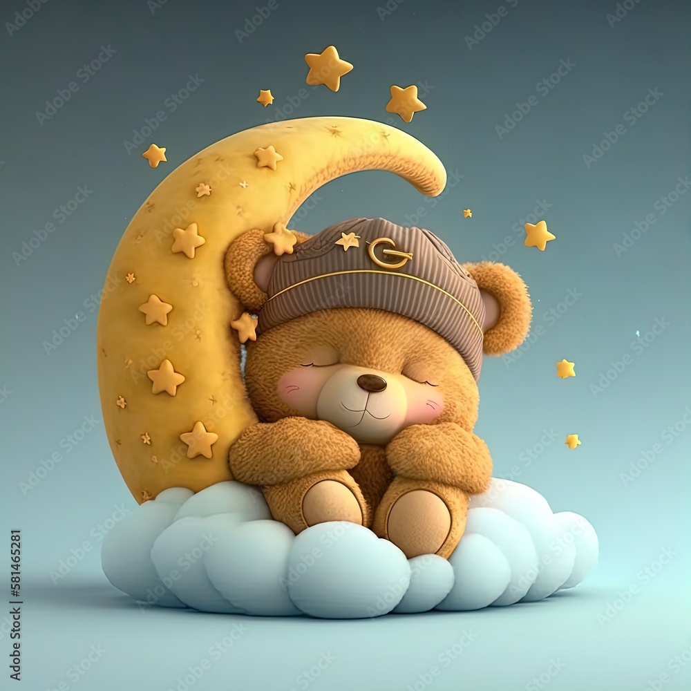 Cute baby bear sleeping on crescent moon with clouds and stars ...