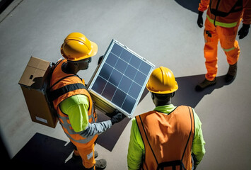 Workers carry the solar panel to install it in the right place. AI generated illustration.