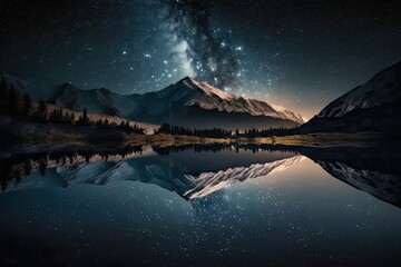 Wall Mural - photograph of the night sky. milky way over a mountain lake. there are many small stars throughout t