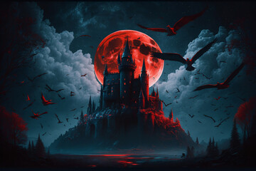 aesthetic fantasy castle in forest at moonlit night, bats and foggy environment, digital illustratio