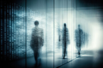 Generative AI illustration of people reflecting in server room