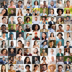 Sticker - Collage of happy multiracial people avatars on various backgrounds