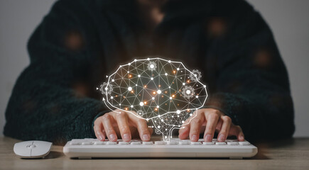 Artificial Intelligence. man using technology smart robot AI, artificial intelligence by enter command prompt for generates something, Futuristic technology transformation.