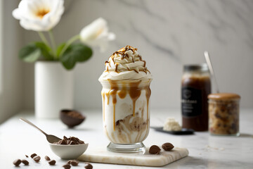 Delicious iced coffee in a clear glass with ice cubes, on a white table. The coffee is topped with cream and drizzled with caramel sauce. A cinnamon stick and coffee beans are used as decoration