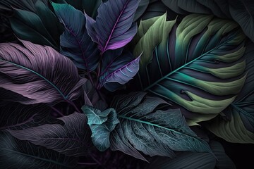 Poster - texture of tropical leaves, background of nature, attractive plant, dark green and purple thorn foliage. Generative AI