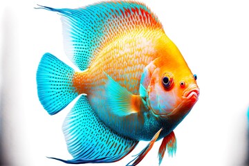 Poster - bright turquoise fish with orange fins tropical fish isolated on white background, created with generative ai