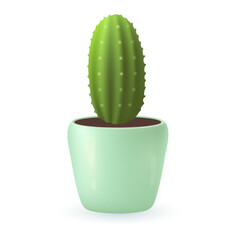 Wall Mural - Green cactus plant of oval shape in mint pot 3D illustration. Cartoon drawing of exotic plant for home or office in 3D style on white background. Nature, houseplants, decor, botany concept