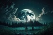 Dark night sky and cloudy landscape. Beautiful, full moon over untamed forest region; tranquillity in the backdrop. in the evening outside. NASA DID NOT PROVIDE the moon. Generative AI