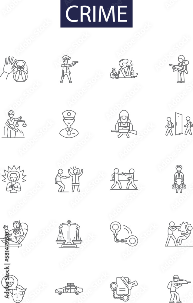 Crime line vector icons and signs. Felony, Robbery, Murder, Fraud, Assault, Larceny, Theft, Penal outline vector illustration set