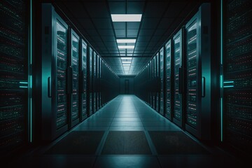 Wall Mural - Image shows a large, active data center with a corridor containing a number of supercomputers and rack servers. Generative AI