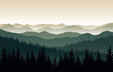 Wall Mural - Vector nature landscape with silhouettes of mountains and forest