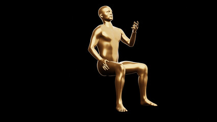 Beautiful young metallic gold man posing, isolated on black background. 3d illustration (rendering). Golden mannequin, android.