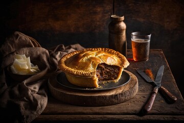 Sticker - Fresh Australian beef pie in the traditional form is displayed on a wooden board in the background of a table. Generative AI