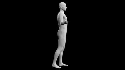 Beautiful young man posing, isolated on black background. 3d illustration (rendering). Plastic shiny mannequin, android, robot.