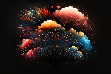 Poster - a display of fireworks against a dark background. Generative AI